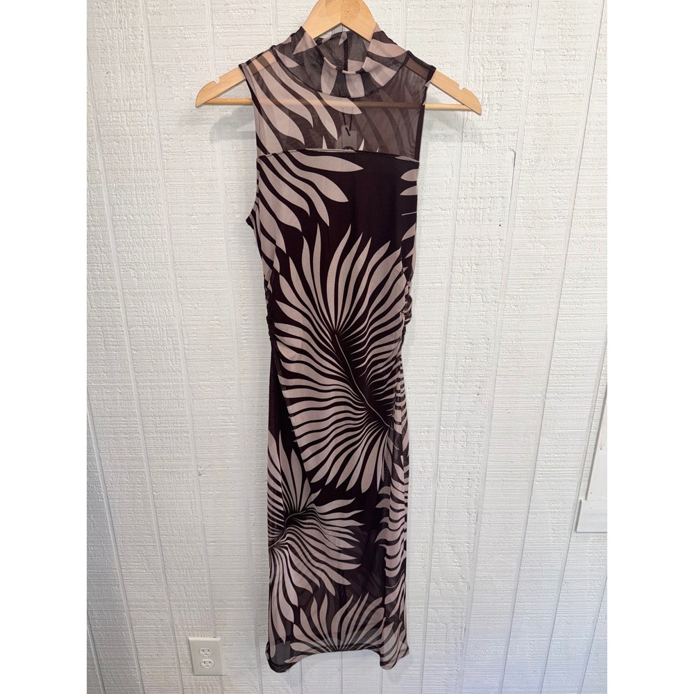 Sanctuary Midi Dress Womens XS Brown Palm Leaf Mesh Ruched Mock Neck NEW